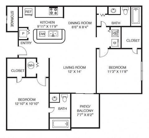 2x2 1132 sqft - The Providence B1 at The Grayson Apartment Homes, Charlotte, 28262